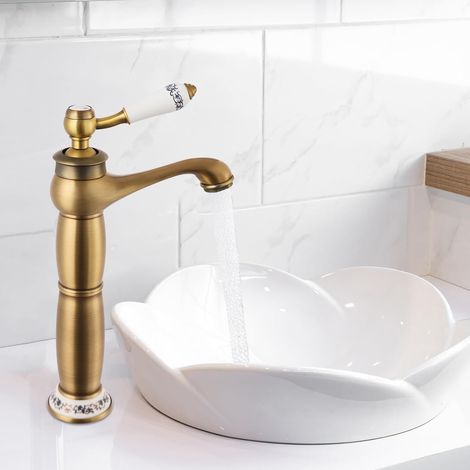 Wasserhahn Bad Hoch Antikes Messing, Retro Gold Waschtischarmatur Hoch, Einhebel Mischbatterie Antik Badarmatur Waschbecken Badezimmer, Waschtischarmatur,Kaltes und Heißes Wasser Vorhanden (1/5)