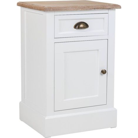 Table de chevet blanche bois avec tiroir et porte élégante - Blanc bois naturel et touches dorées (1/5)