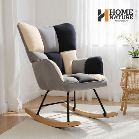 Fauteuil à bascule – Dossier haut – Assise confortable – Tissu chenille – Pieds antidérapants – Noir, blanc et gris – Home Nature Wohnkonzept (1/5)