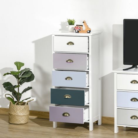 Chiffonnier commode meuble de rangement 5 tiroirs multicolores avec poignée métal coquille MDF - dimensions 45L x 30l x 95,4H cm