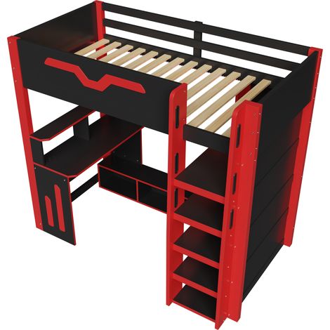 Grand lit mezzanine en bois 90x200 avec bureau, rangements à plusieurs niveaux, éclairage LED et escalier avec rangement, noir (1/5)