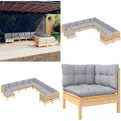 11-tlg. Garten-Lounge-Set mit Grauen Kissen Kiefernholz - Garten-Lounge-Set - Garten-Lounge-Sets - Home & Living (1/5)