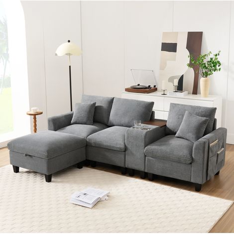 Divano angolare a L 229/149,5/83 cm grigio in velluto a coste con console, USB e vano contenitore (1/5)
