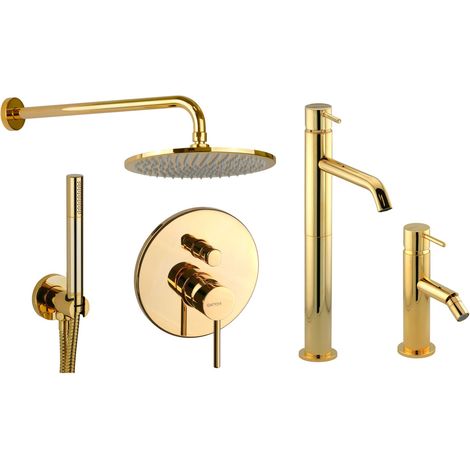 Set miscelatore lavabo alto, miscelatore bidet e kit doccia in colore oro Gattoni Easy KITEASYDO5