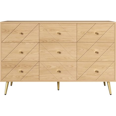 Commode moderne 9 tiroirs à pieds en fer, solution de rangement élégante pour chambre, salon et entrée – Construction robuste en PB, motifs géométriques raffinés et boutons pratiques