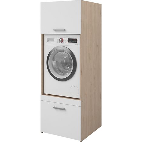 Meuble pour machine à laver avec 1 tablette, 1 tiroir et 1 placard – Naturel clair et blanc – L64 x H184 – ERKANO (1/4)