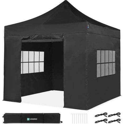 VONROC Tente de réception Premium Easy-Up - 3x3 m  Ensemble incl. parois latérales - Noir (1/4)