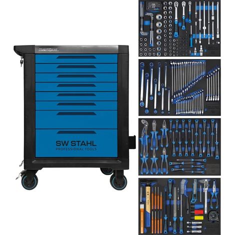 SW-Stahl Z3113 Profi Werkstattwagen TT801 blau I 8 Schubladen I 4 Schubladen gefüllt I 246 teilig I Werkstatt Rollwagen mit Werkzeug bestückt I Twin-Lock I Werkstattwagen kit I voll ausgestattet (1/5)
