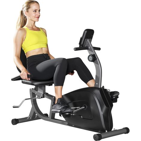 Bicicleta estática reclinada magnética, 8 niveles de resistencia ajustables, monitor LCD, metal, plástico, negra. (1/5)