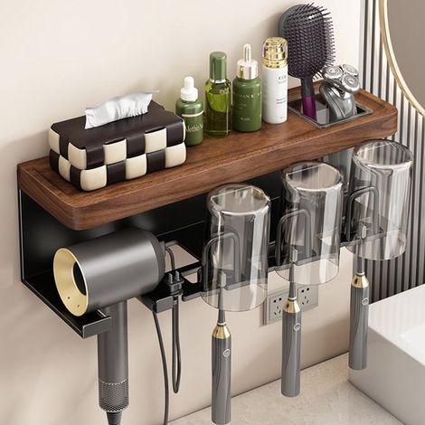 Étagère de rangement pour salle de bain, fixation sans perçage, porte-brosses à dents et support pour sèche-cheveux, pour toilettes et lavabo. (1/5)