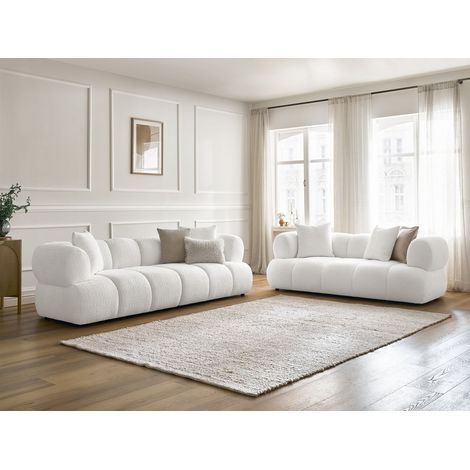 BOBOCHIC - Ensemble canapé droit fixe 3 + 2 places PAMIRA tissu bouclette Blanc (1/5)