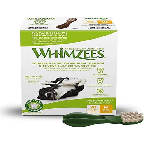 WHIMZEES Toothbrush, Fondo Mensile, Stix da Masticare Per l'igiene Dentale per Cani di Media Taglia (12-18kg), Ingredienti Naturali, Senza Cereali, 30 Pezzi (1 Mese di Fornitura), Taglia M (1/5)