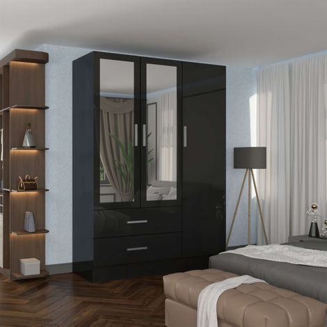 3 Door Modern High Gloss Wardrobe 116cm White, Black & Grey - Black116cm