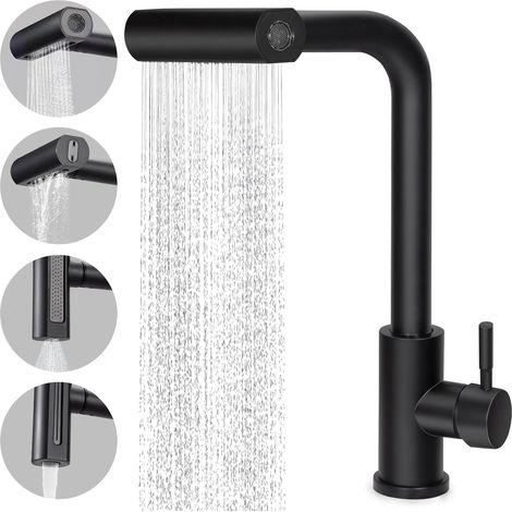 Robinet de Cuisine Noir avec Pulvérisateur Extractible, Mitigeur de Cuisine Cascade en Acier Inoxe, 4 Modes (1/4)
