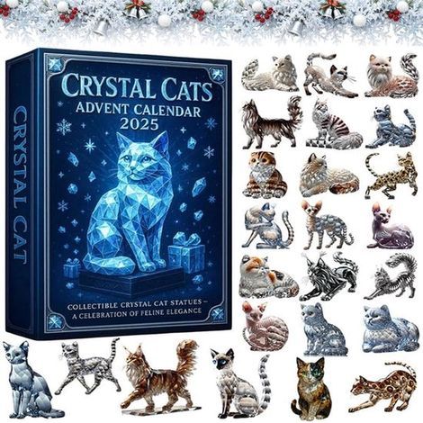 Calendrier de l'Avent Chat en Cristal Plat 2D 2025 - Ornements de chatons en acrylique - Compte à rebours de Noël de 24 jours avec 24 races uniques