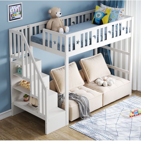 Letto a soppalco per bambini 253x95x171 cm, con scala e ripiani integrati, in legno massello bianco (1/5)