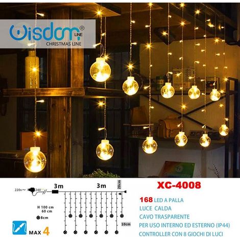 Trade Shop - WEIHNACHTS-LICHTERVORHANG 168 LED MIT WARMLICHTKUGELN TRANSPARENTES KABEL XC-4008 -