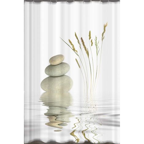 Hochwertiger Duschvorhang aus Stoff mit Ringen – Muster „Wellness Stone“ – 180 x 200 cm