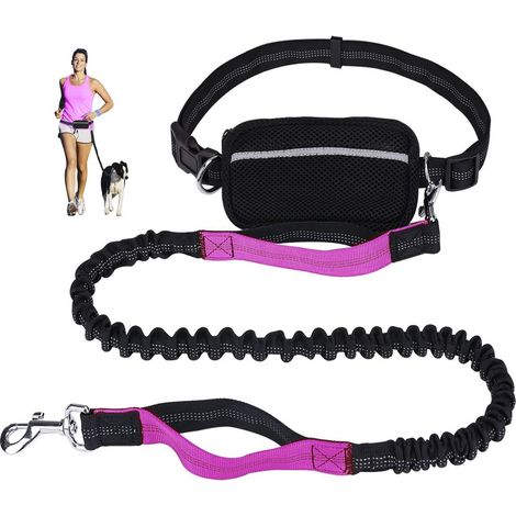 Corde de jogging pour courir, marcher avec coutures réfléchissantes et distributeur de sacs-poubelle, laisse réglable pour grands chiens, mains libres et amortisseur de chocs, rouge rosé