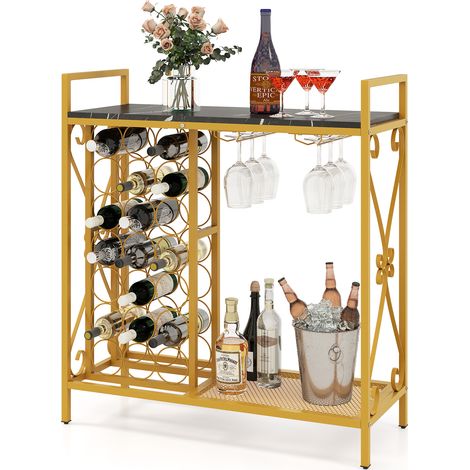 Casier à Vin 21 Bouteilles, Organisateur de Bouteilles de Vin sur Pied avec Support en Verre et Plan de Travail en Bois, 93 x 38 x 102 cm, Or (1/5)