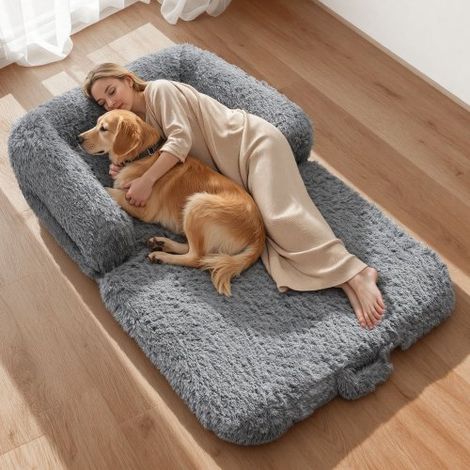 Cama Rectangular para Perros, 181 x 111 x 22 cm, Ortopédica, de Espuma Viscoelástica, Tamaño Humano, con Bolsillo Lateral, Asa y Cremallera, Funda Extraíble y Lavable a Máquina, Gris Oscuro (1/5)