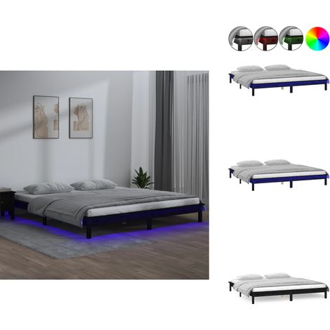 Cadre de lit à LED sans matelas noir 200x200 cm bois massif - Cadre De Lit - Lit Double - Meuble De Chambre - Luminaire Led - Bois Massif (1/5)