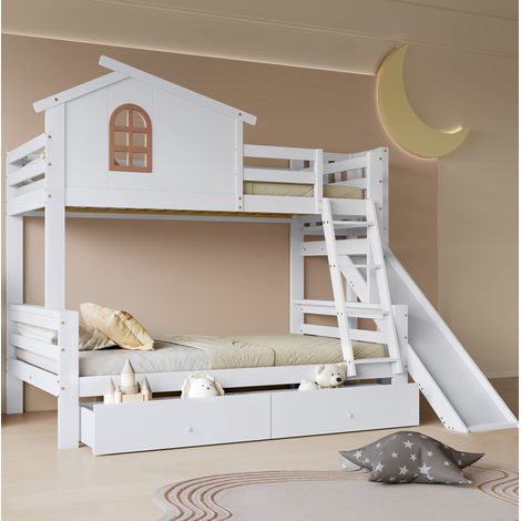 Etagenbett 90/200 & 120/200 cm weiß aus Kiefer und MDF mit Rutsche und 2 Schubladen (1/5)
