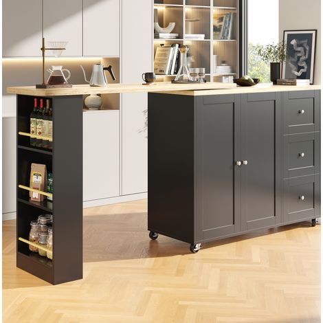 Carrello da cucina girevole 135-203x39x106 cm con 3 cassetti, 2 ante e ruote, in MDF, nero (1/5)