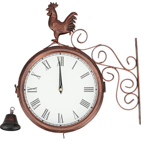 Horloge murale en fer forgé, motif coq, double face, en laiton antique, avec chiffres romains, idéale pour la maison et le jardin. (1/5)