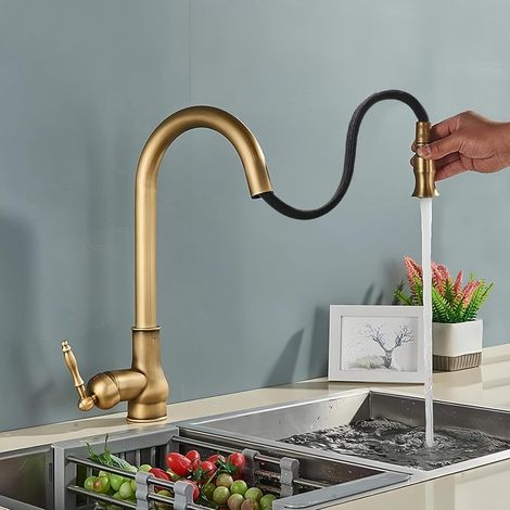 Antique Kitchen Faucet, Pull-Out Spray Mixer Tap, Brass, 360° Rotating Sink Faucet with Adjustable Lever, Hot and Cold Water, High Spout, Brushed Brass
