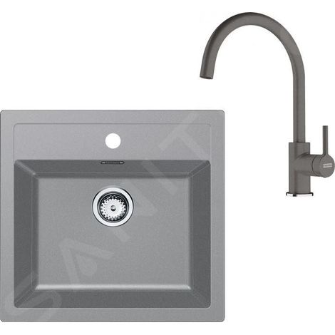 Franke - Set de cuisine T122Š, évier en tectonite SID 610 + robinet FN 6018.901, gris / gris pierre 143.0687.391 (1/4)