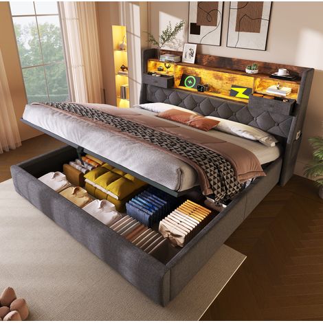 REDOM - Cama doble 140x190 cm - con almacenamiento hidráulico y LED - lino - gris (Sin colchón) (1/5)