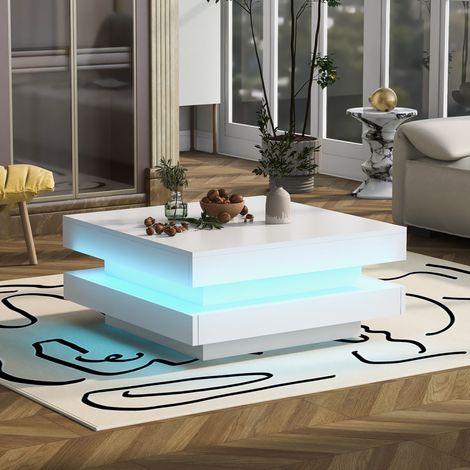 Table basse 70x70x36 cm, plateau rotatif à 360°, bande LED, panneau de particules blanc brillant (1/5)