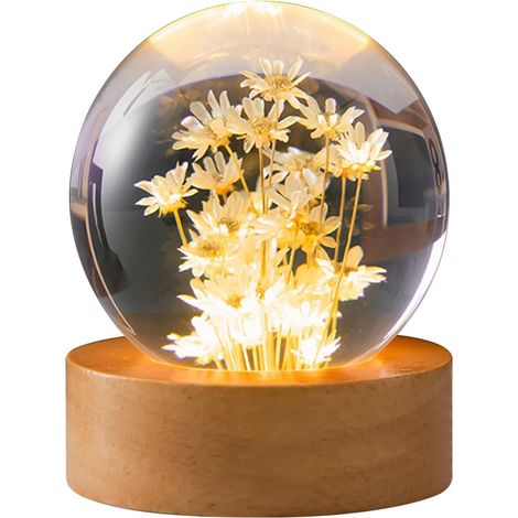 Blumenförmige Kristallkugel-Nachtleuchte, 6 cm große Glaskugellampe mit Holz- und LED-Lichtsockel, Nachtleuchte in Form einer Blume (1/4)