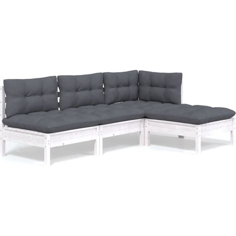 INLIFE Salon de jardin 4 pcs avec coussins Blanc Bois de pin (1/5)