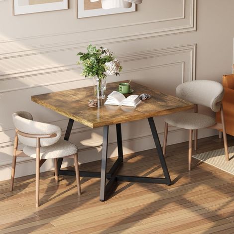 Esstisch 80x80 cm quadratisch, Holztisch mit Metallgestell, Retro Braun (1/5)