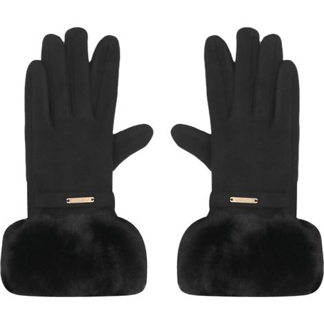 Gants d'hiver pour femme en daim doux, à motif chat mignon, doublés polaire avec poignets en fausse fourrure, moufles thermiques pour temps froid(noir) (1/5)