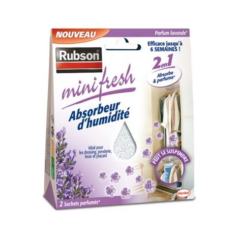 Rubson Minifresh Absorbeur d'Humidité en sachet Parfum Lavande, spécial placards, tiroirs, penderies, voitures, Absorbeur d'odeur 2 sachets de 50 g (1/4)