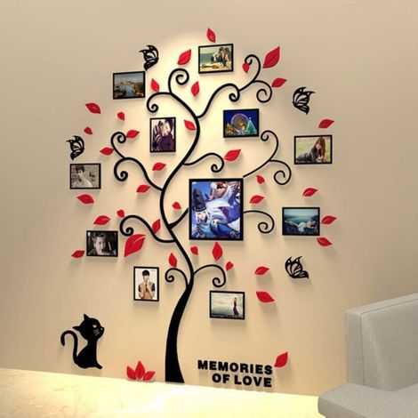 Sticker Mural Arbre 3D Sticker Mural Amovible Acrylique 132 x 160 cm avec 11 Cadres, Feuilles Rouges (1/5)