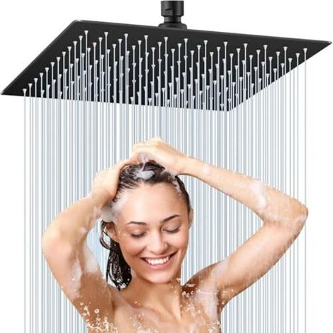 Soffione doccia a pioggia, 30 cm, quadrato in acciaio inox 304 (30 x 30 cm), finitura cromo spazzolato, autopulente, installabile, (NERO) (1/5)