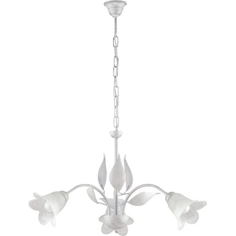 Olga Lustre en fer laqué blanc décor argent antique et diffuseurs en verre d'albâtre blanc 3 lumières 103 d.60 BL155-3-BA