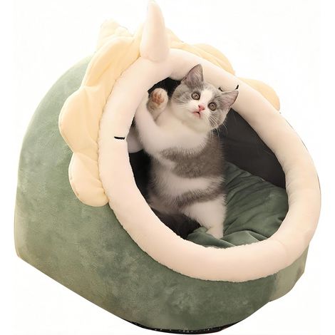 Niche pour chien et chat semi-fermée verte toutes saisons, lit lavable anti-salissure, coussin doux pour animaux domestiques (1/5)