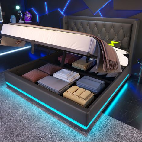Letto con contenitore in PU nero 160x200 cm, LED su 3 lati, testiera imbottita con USB e Type-C (1/5)