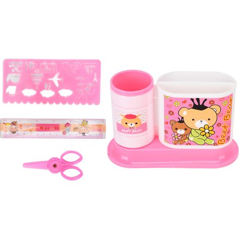 Porte-stylos tournant 2 compartiments, boîte à crayons en plastique avec taille-crayon et ciseaux, rangement pour stylos et crayons, cadeau pour étudiants, rose (1/5)