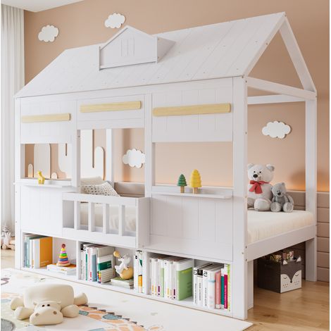 Letto rialzato bambini 90x200 cm con rete a doghe e ripiani, bianco, materasso non incluso (1/5)