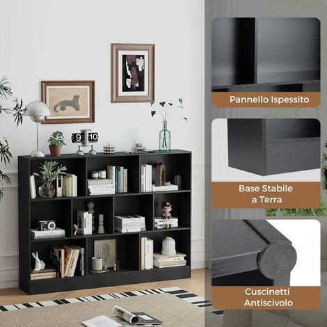 Bibliothèque 10 cases noire en bois et MDF 3 niveaux avec 2 kits anti-basculement et rangement ouvert pour salon chambre bureau (1/5)
