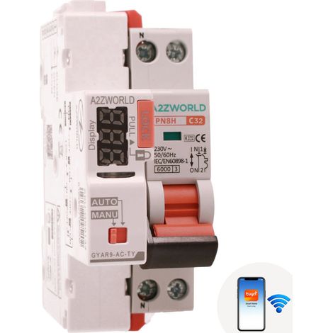 A2ZWORLD MCB Interruttore Magnetotermico Connesso WiFi Con Riarmo Automatico, Curva C 1P+N 2M 6000A AC 230V PN8H, Corrente Disponibile 2A 3A 4A 5A 6A 10A 13A 16A 20A 25A 32A (C32A) (1/3)