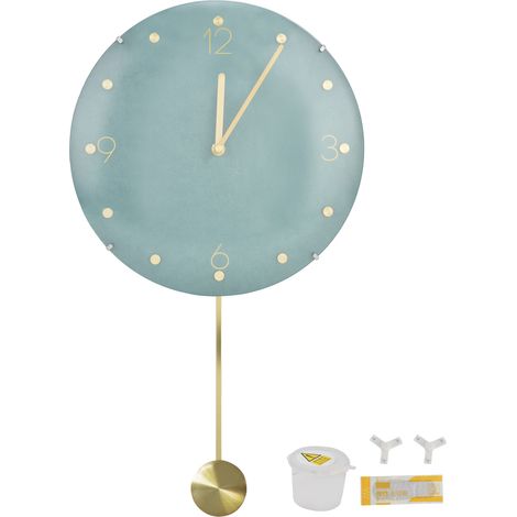 Horloge Murale Pendule Sans Cadre Verre Convexe MDF Teinté Vert 30cm Silencieuse Design Industriel Laiton Aluminium (1/5)