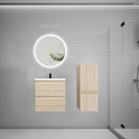 Ensemble meuble vasque L.50cm 2 tiroirs + lavabo + LED miroir rond 60cm + colonne,chêne
