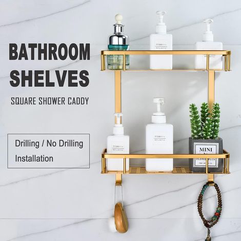 Étagère de Douche sans Perçage,Etagere Salle de Bain Carré Tablette Murale pour Rangement de Salle de Bain Petite Panier Murale Douche avec Crochets